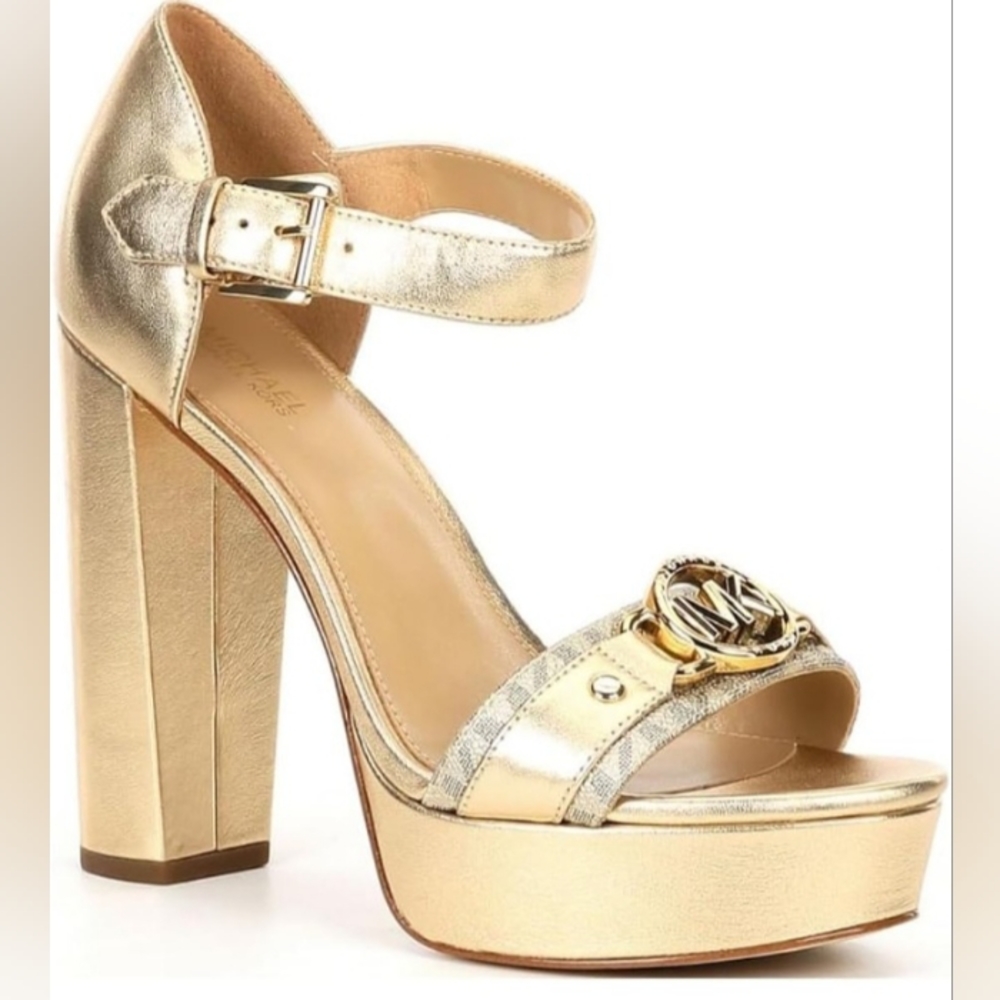 MICHAEL KORS RORY Gold Platform Dressy Open Toe Sandals SZ 10 - Picture 2 of 16